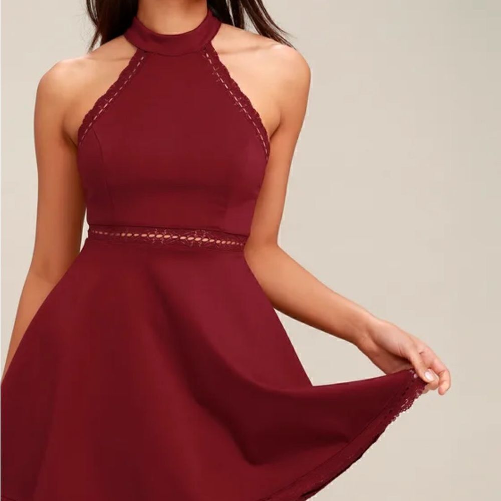 LULU'S Burgundy Red Halter Top Skater Dress Size Medium